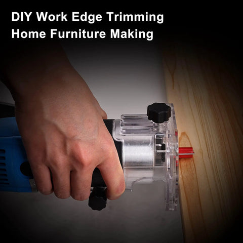 Hand using Compact Palm Router Kit For Woodworking With 800W 110V Electric Trimmer for edge trimming on wood surface