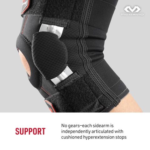 Close-up of hinged knee brace showing side hinges, adjustable straps, for men and women, size X Large, aiding knee stability.