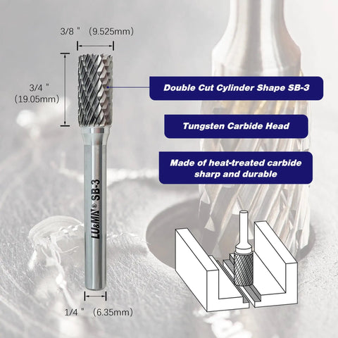 Double Cut Cylinder Tungsten Carbide Burr Rotary File for Metalworking and Woodworking with measurements and material information
