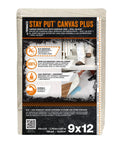 Stay Put Canvas Plus Drop Cloth 9 Ft By 12 Ft With Leak Resistant Protection, 3 Layer Absorbent Canvas in packaging view