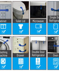 Eight views of dark blue child safety strap locks on cabinet, toilet, microwave, single and double door fridge, washer, drawer, oven.