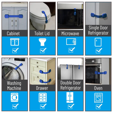 Eight views of dark blue child safety strap locks on cabinet, toilet, microwave, single and double door fridge, washer, drawer, oven.