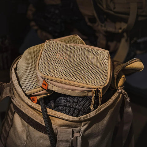 Durable Travel Packing Cubes Set With Zippers Luggage Organizers For Backpacking Waterproof 500D Nylon Build Tactical Style Packing Cubes To Keep Your Gear Tidy On The Go Essential Travel Organizer Kit in khaki inside a backpack