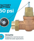 Cash Acme EB45 pressure regulating valve, brass body, 1 in NPT female, double union, 60 psi setting