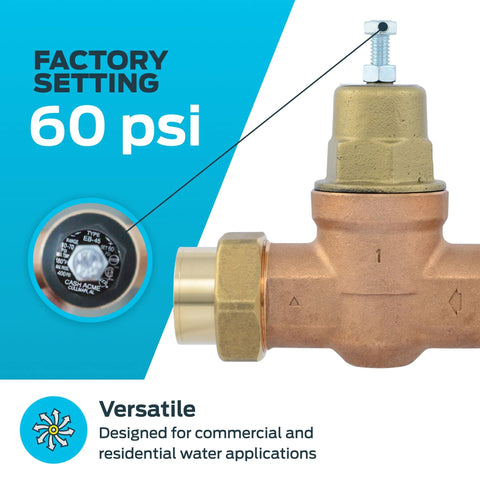 Cash Acme EB45 pressure regulating valve, brass body, 1 in NPT female, double union, 60 psi setting