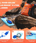 Dope Lightweight Hydration Hiking Backpack with 2L Water Bladder on rocks, showcasing leak-proof bladder and suction tube.