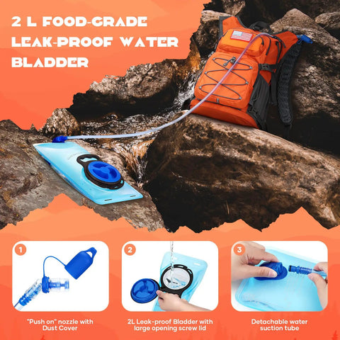 Dope Lightweight Hydration Hiking Backpack with 2L Water Bladder on rocks, showcasing leak-proof bladder and suction tube.
