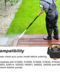 Person using pressure washer; Garden Hose To Pressure Washer Adapter Three Quarter Inch Female To Three Eighth Inch Male Inlet Fitting Quick Connect No Fuss Setup Compatible With Simpson 7112362 And A Range Of Pressure Washer Pumps Durable Connector shown inset.