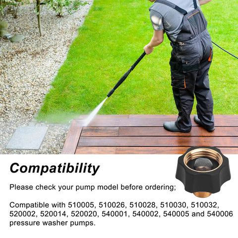 Person using pressure washer; Garden Hose To Pressure Washer Adapter Three Quarter Inch Female To Three Eighth Inch Male Inlet Fitting Quick Connect No Fuss Setup Compatible With Simpson 7112362 And A Range Of Pressure Washer Pumps Durable Connector shown inset.