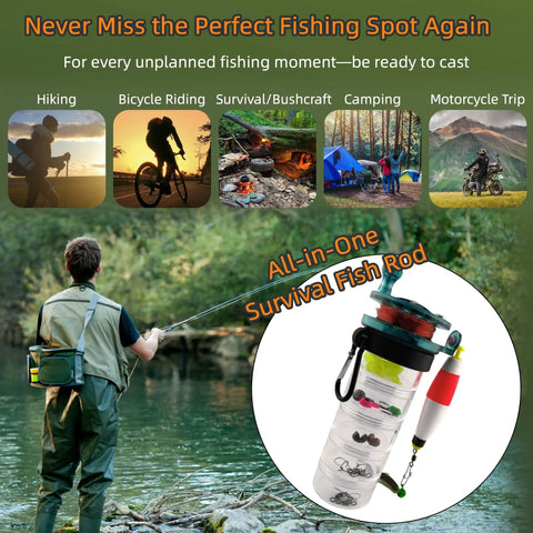 Angler by river with Grab And Go Pocket Sized Fishing Rod Kit, all-in-one survival gear for hiking, camping, biking, road trips.