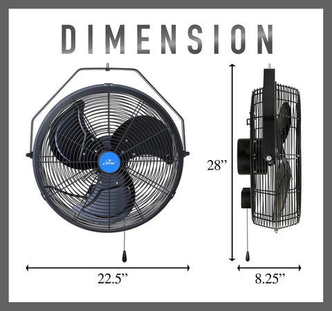 Dimensions of Beefed Up 18 Inch Wall Mount Fan With 6360 CFM 3 Speed Industrial Grade Weatherproof Indoor Outdoor Cooling