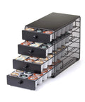 Black Satin 4 Tier Coffee Pod Drawer Organizer Compatible With K Cups Holds Up To 72 Pods, showing four open drawers filled with pods.