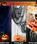 Six Pack Matte Black Cotton Crepe Sheets, Straight Up Spooky Halloween Decor Drape, Stretchy Ghost Fabric For Yard And Porch Styling, Tear Resistant Eerie Backdrop Cloths With Major Vibe Energy Tonight, displayed on tree, gate, and table