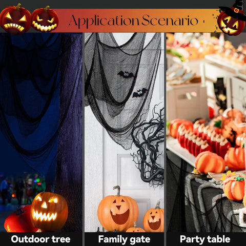 Six Pack Matte Black Cotton Crepe Sheets, Straight Up Spooky Halloween Decor Drape, Stretchy Ghost Fabric For Yard And Porch Styling, Tear Resistant Eerie Backdrop Cloths With Major Vibe Energy Tonight, displayed on tree, gate, and table