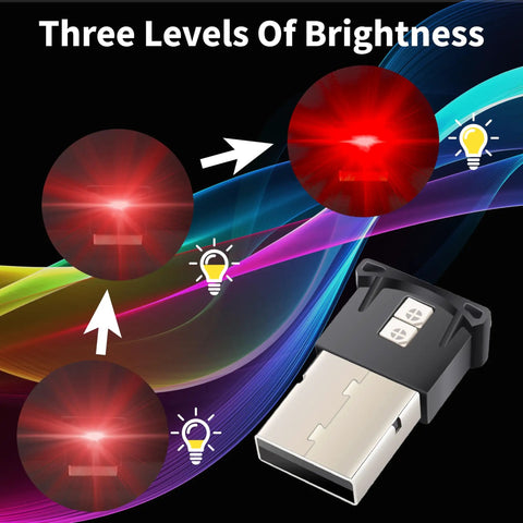 USB LED Car Light With 5V Smart Interior Lighting Atmosphere Lamp Plug In Interface showing brightness levels and USB design