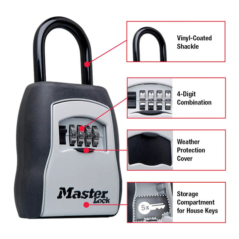 Outdoor 4 Digit Code Key Lock Box Holds 5 Keys 3 Pack, vinyl-coated shackle, weatherproof with 4-digit combo dial and storage