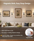 Battery Operated Wall Sconce Set of 2, RF Remote, Grey and Grey Shade displayed in a living room with magnetic bulbs.