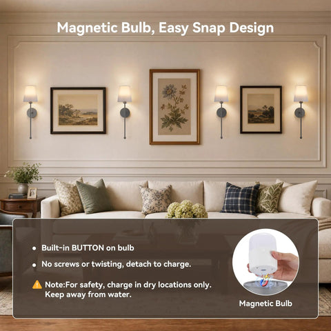 Battery Operated Wall Sconce Set of 2, RF Remote, Grey and Grey Shade displayed in a living room with magnetic bulbs.