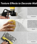 Zero Sweat Drywall Renovation With This Heavy Duty Texture Spray Gun Kit Featuring Three Swappable Nozzles, showcasing orange peel, popcorn, and knockdown textures.