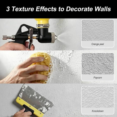 Zero Sweat Drywall Renovation With This Heavy Duty Texture Spray Gun Kit Featuring Three Swappable Nozzles, showcasing orange peel, popcorn, and knockdown textures.