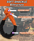 Beefy Half Inch By Twenty Two Feet Recovery Shackle For Off Road SUVs ATVs And Trucks Synthetic Orange With Sleeves High Strength 50,000 To 47,000 Lbs Break Strength Lightweight Floatable Easy Connect And Disassemble shown with diamond knot, self-tightening ring, and protecting sleeve