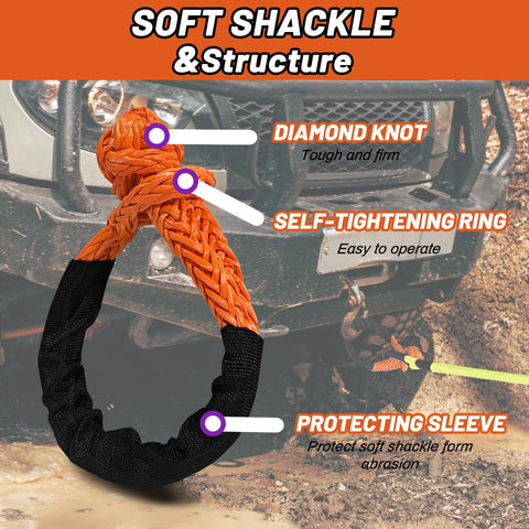 Beefy Half Inch By Twenty Two Feet Recovery Shackle For Off Road SUVs ATVs And Trucks Synthetic Orange With Sleeves High Strength 50,000 To 47,000 Lbs Break Strength Lightweight Floatable Easy Connect And Disassemble shown with diamond knot, self-tightening ring, and protecting sleeve