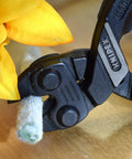 Angled CoBolt Cutters 8 Inch, 20 Degree Head, Locking Spring, flush cutting edge cutting through a rod with ease.