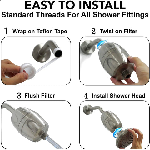 Installation steps for Chlorine Shower Filter And Water Purifier For Healthier Skin And Hair in Brushed Nickel finish