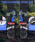 Beefed Up Tree Climbing Kit With Anti Slip Footboards and Tool Set for climbing shown with durable carbon steel gear and straps.