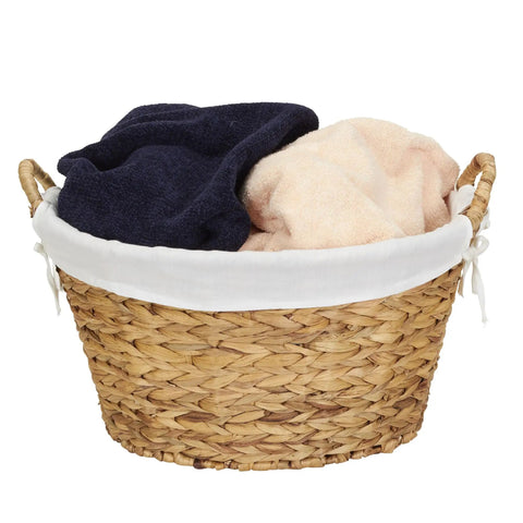 Round Wicker Laundry Basket With Easy Carry Handles, Water Hyacinth Construction, Sturdy Metal Frame, Removable Polyester Liner, Handwoven Storage Bin For Clothes, Linen, And Towels, Whimsical Yet Practical