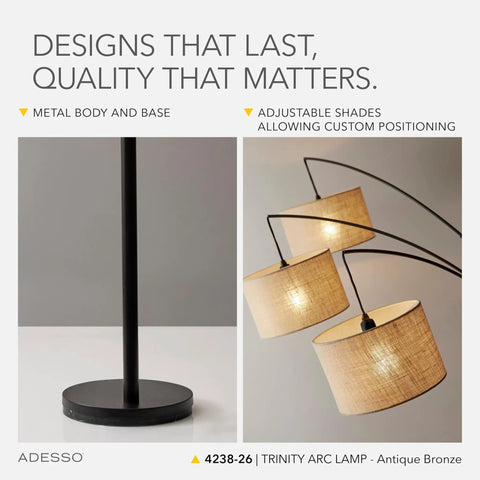 Arc Floor Lamp with three movable beige burlap shades and dimmable brightness, antique bronze finish, metal base detailed view.