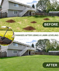 Before and after lawn photo using Heavy Duty Lawn Leveling Rake With 7 Feet Adjustable Handle Anti Flip Yard Leveler For Soil.