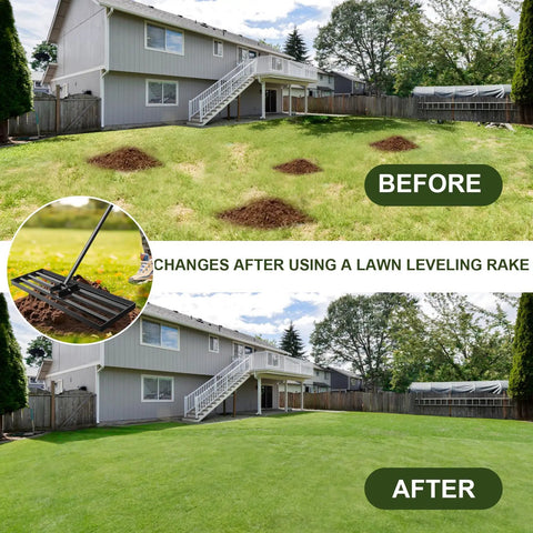 Before and after lawn photo using Heavy Duty Lawn Leveling Rake With 7 Feet Adjustable Handle Anti Flip Yard Leveler For Soil.