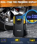 Digital Tire Inflator Portable Air Compressor Pump Tough Guy Workhorse with pressure display connected to tire.