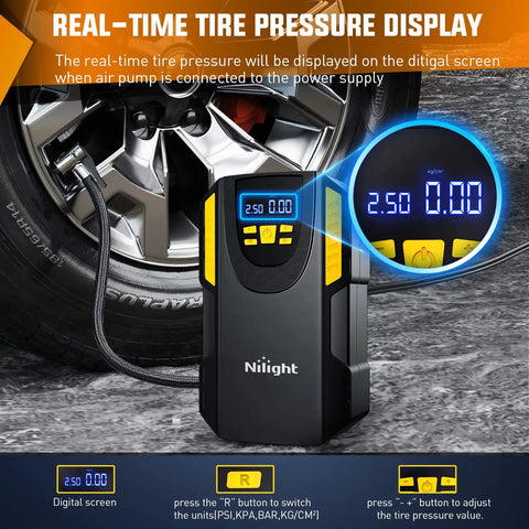 Digital Tire Inflator Portable Air Compressor Pump Tough Guy Workhorse with pressure display connected to tire.
