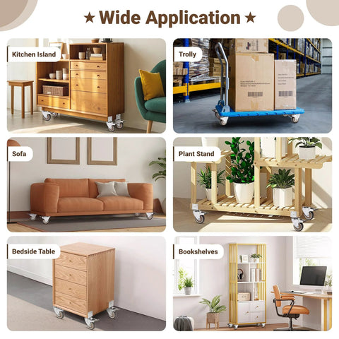 Wide application of Side Mount 3 Inch Caster Wheels Set Of 4 With Locking Brakes on furniture and trolleys.