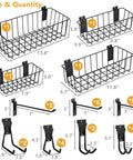 Heavy-Duty Slatwall Baskets and Hooks Kit for Standard Slatwall Panels, A Must-Have for Garage and Workshop Organization, 32-Piece Set With 4 Baskets and 28 Hooks, Fits Most Slatwall Systems, showing baskets and hooks with dimensions.