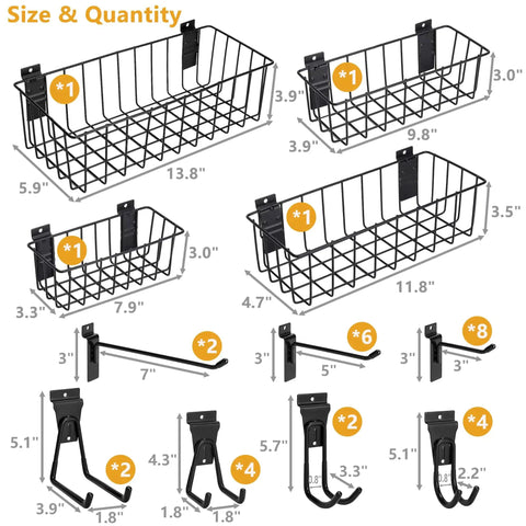 Heavy-Duty Slatwall Baskets and Hooks Kit for Standard Slatwall Panels, A Must-Have for Garage and Workshop Organization, 32-Piece Set With 4 Baskets and 28 Hooks, Fits Most Slatwall Systems, showing baskets and hooks with dimensions.