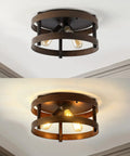 Dark Brown Wood And Oil Rubbed Bronze Three Light Iron Flush Mount Ceiling Light, Farmhouse Industrial Round Fixture with LED Bulbs.