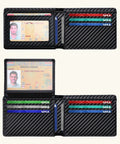 Ultra Slim RFID Blocking Wallet For Men With 12 Card Capacity, Two ID Windows And Cash Slot, open to show contents