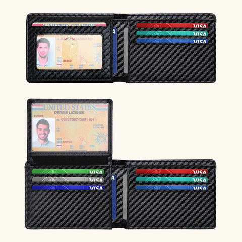 Ultra Slim RFID Blocking Wallet For Men With 12 Card Capacity, Two ID Windows And Cash Slot, open to show contents
