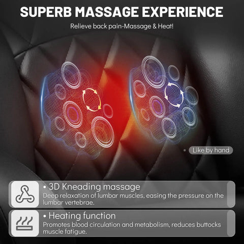 Close-up of Massage Office Chair With Foot Rest And 3D Kneading Heat showing massage nodes and heat function on black leather