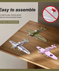 Three 1:48 scale WWII fighter display models, including Hawker Hurricane 1 to 48 Scale Model Kit For Grownups WWII RAF Fighter Aircraft Display Model Snap Fit Plastic Airplane Kit Silver Finish Collectible Hobby Aircraft, on a wooden surface.