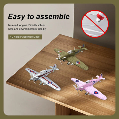 Three 1:48 scale WWII fighter display models, including Hawker Hurricane 1 to 48 Scale Model Kit For Grownups WWII RAF Fighter Aircraft Display Model Snap Fit Plastic Airplane Kit Silver Finish Collectible Hobby Aircraft, on a wooden surface.