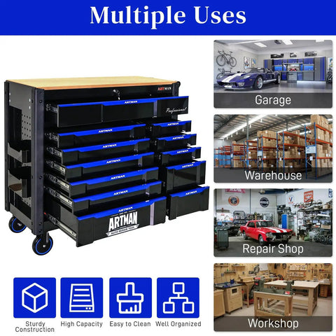 Heavy Duty Rolling Tool Chest With 12 Drawers Mechanic Tool Box On Wheels Beefy Mobile Storage Cabinet And Workbench For Garage Workshop Warehouse And Repair Shop With Solid Wood Top, black steel