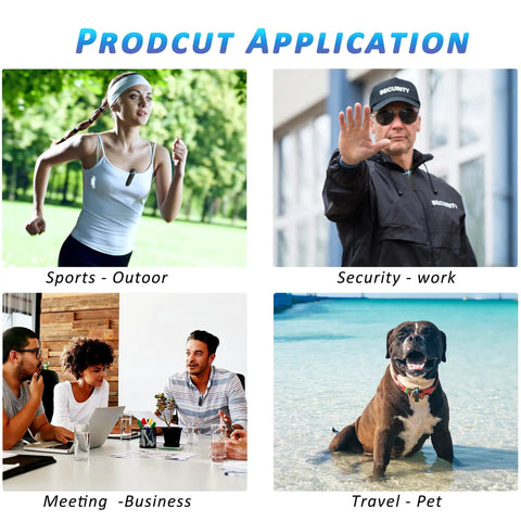 Product application scenarios showing uses for a wearable mini body camera with 1080P HD video and audio, 64GB card included.