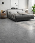 Gray Marble Look Peel And Stick Floor Tiles Self Adhesive Vinyl for Bedroom Renovation installed under bed