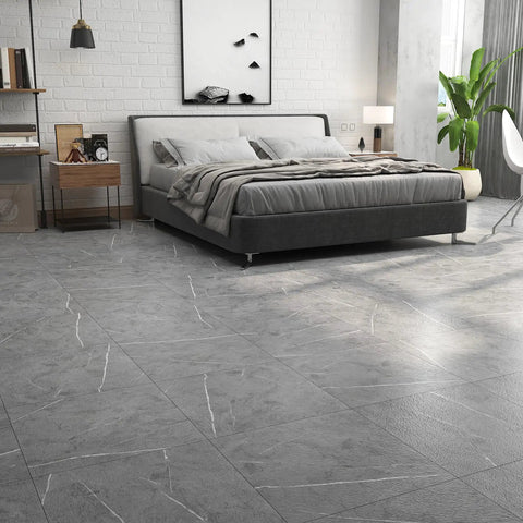 Gray Marble Look Peel And Stick Floor Tiles Self Adhesive Vinyl for Bedroom Renovation installed under bed