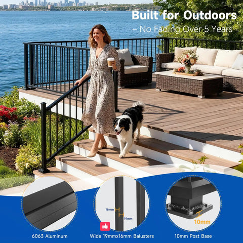 Modular Adjustable Aluminum Stair Railing Kit For Outdoor Deck Or Porch, Cuttable Length, Easy DIY Install, Fits 28 To 45 Degree Stairs, Full Textured Matte Black Finish, Includes 1 Post And 1 Panel