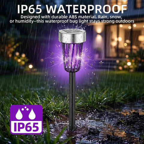 Solar Powered Bug Zapper For Outdoor Use Waterproof Mosquito Killer with purple UV light in night garden, durable IP65.